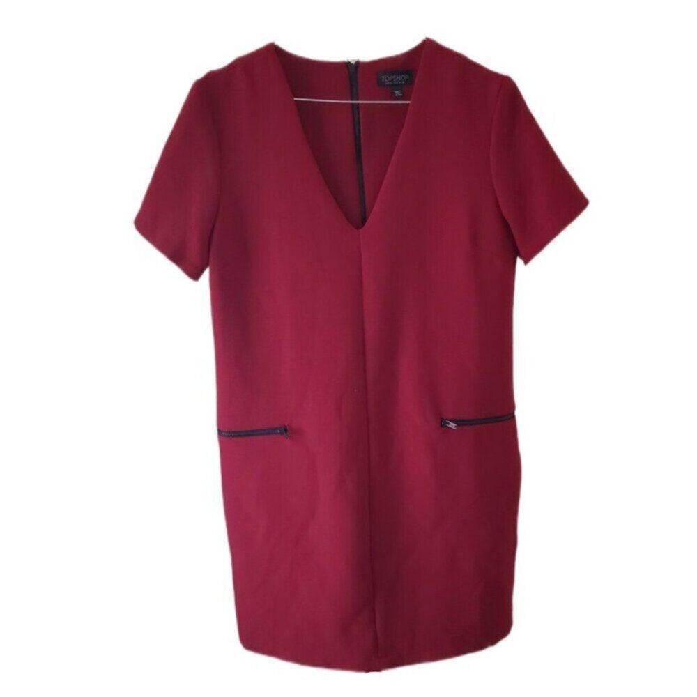 Topshop Women's Burgundy Short Sleeve Dress with Side Zip Pockets